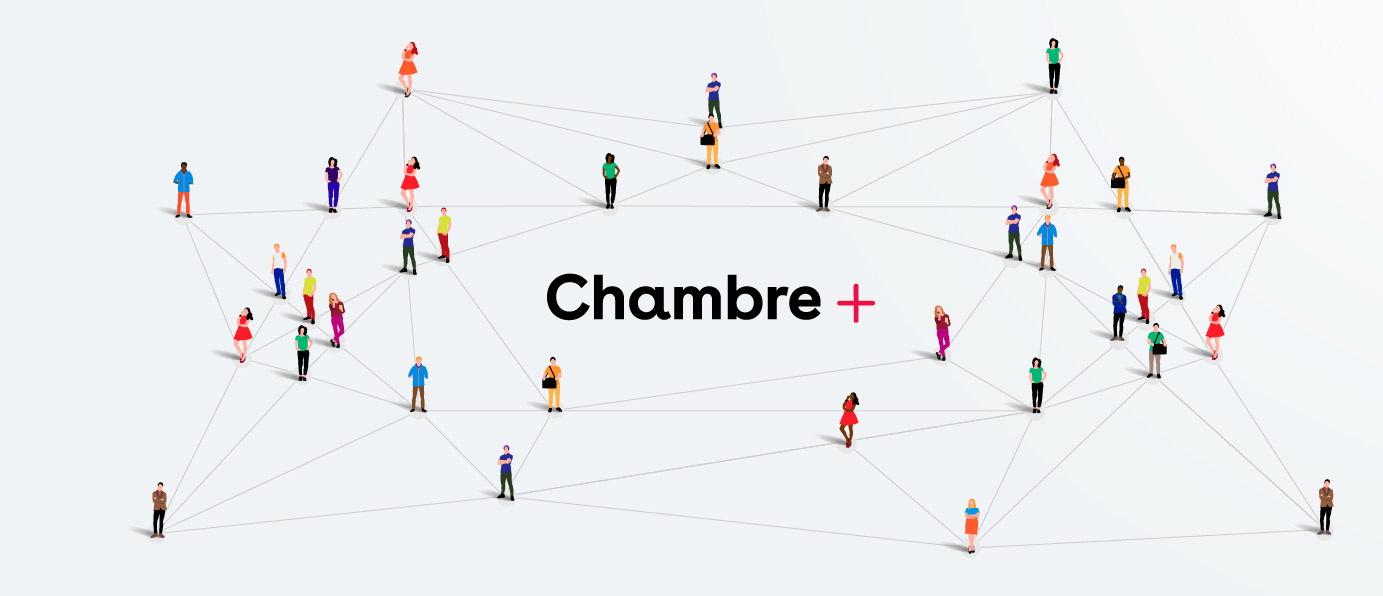 An abstract illustration showing individuals connected by lines, symbolizing networking and collaboration. The text Chambre + is displayed in the center.